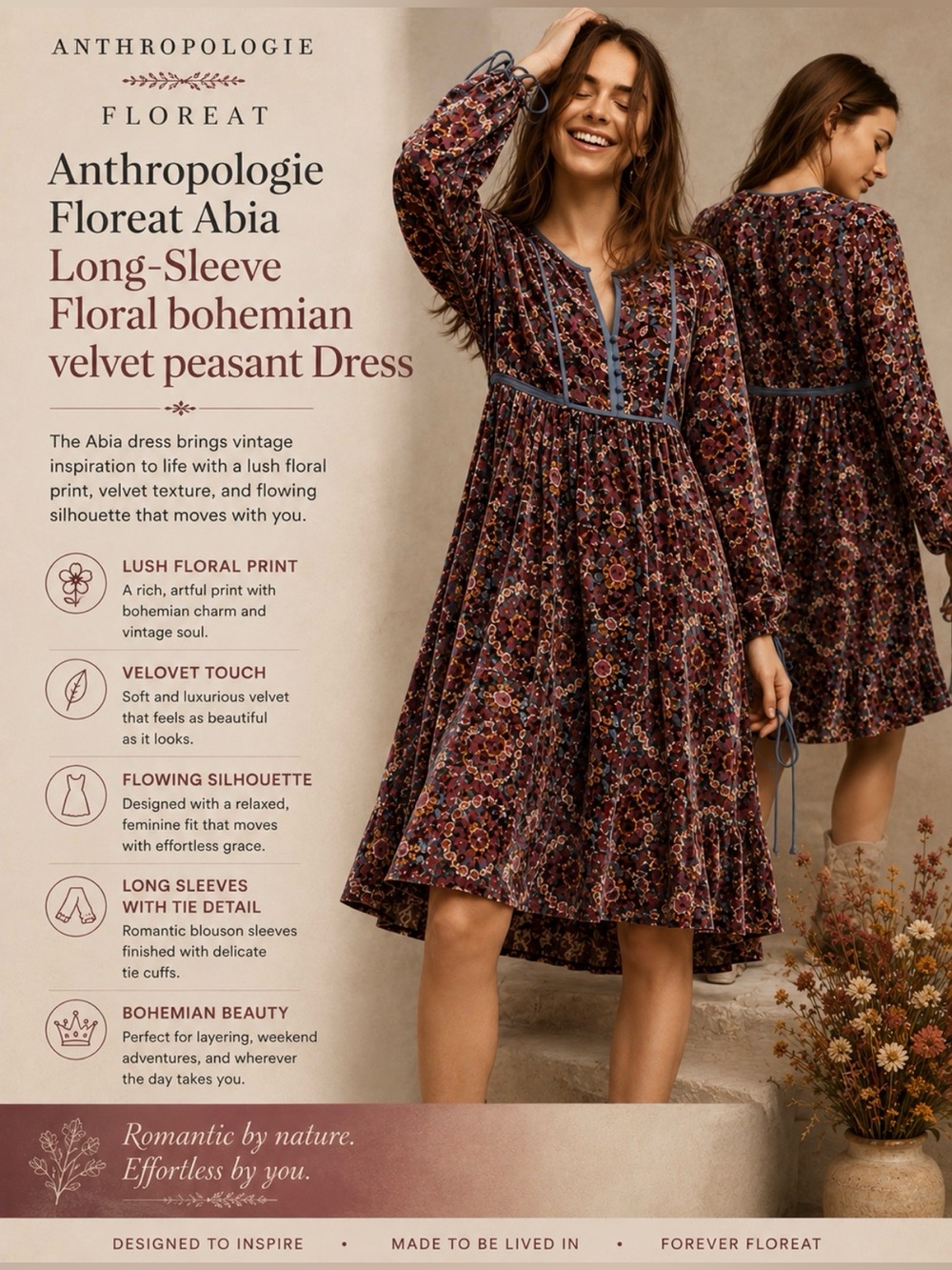 Anthropologie Floreat Abia Long-Sleeve Floral bohemian velvet peasant Dress